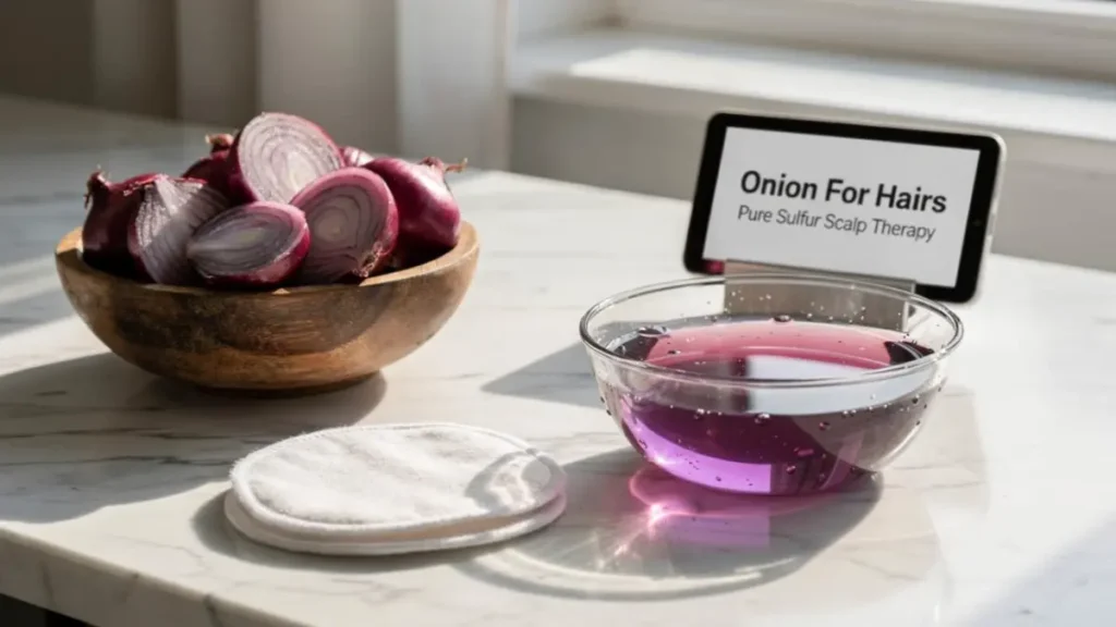 Fresh red onions and a bowl of extracted juice arranged on a stylish desk representing natural hair care ingredients.