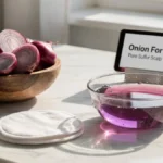 Fresh red onions and a bowl of extracted juice arranged on a stylish desk representing natural hair care ingredients.