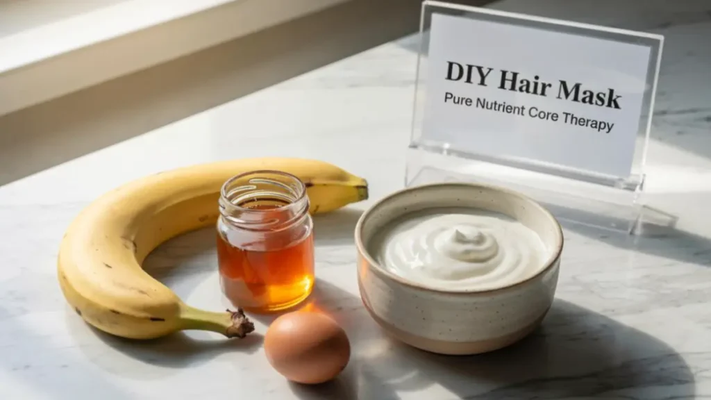 Fresh banana, honey, yogurt, and an egg arranged on a stylish desk representing organic hair mask ingredients.