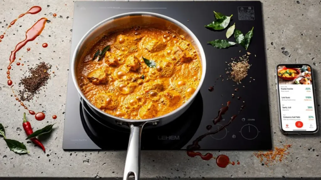 Sizzling tempering being mixed into a simmering pan of Punjabi curry next to a smartphone displaying recipe analytics.