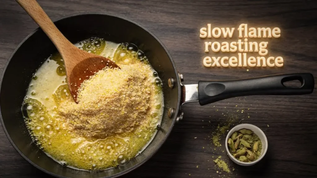 Toasting semolina with pure ghee in a pan on a dark wood desk workspace.