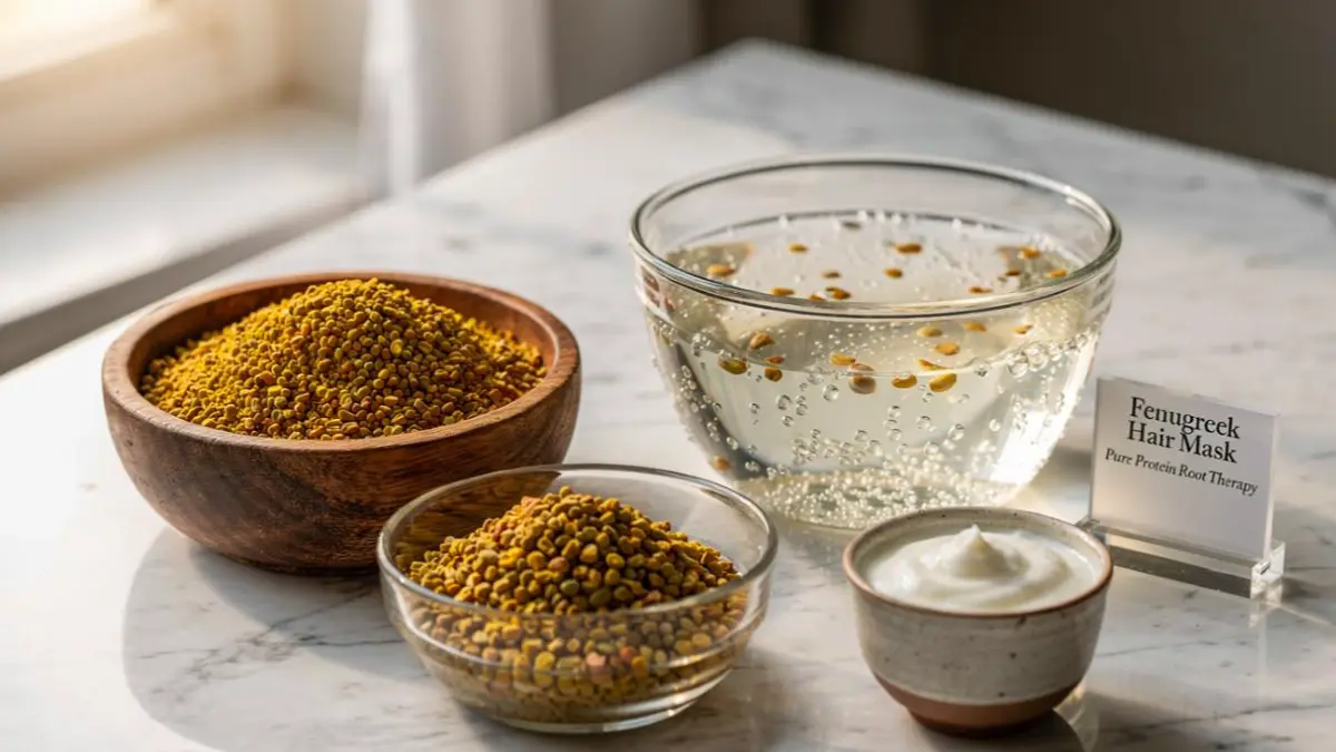 : Dry and soaked fenugreek seeds with a small cup of yogurt arranged on a stylish desk representing organic hair care ingredients.