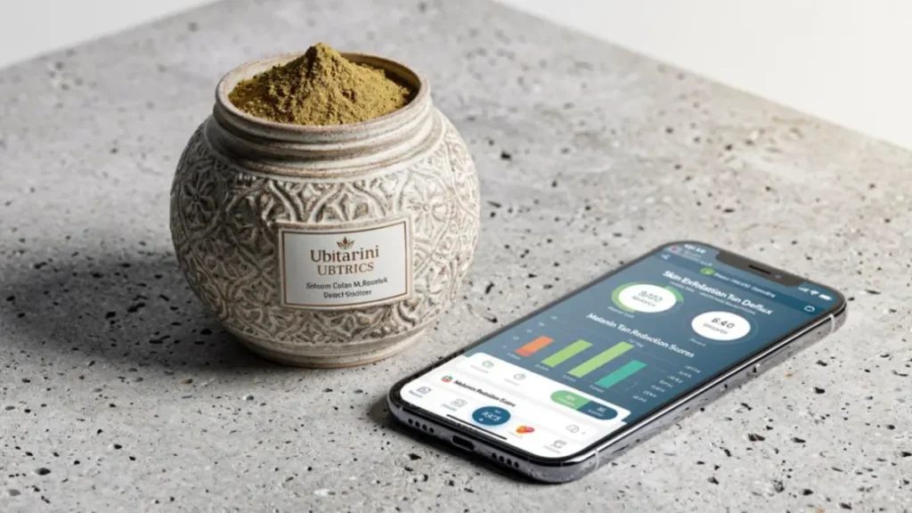 Homemade Ubtan For Skin: A jar of herbal ubtan on a desk next to a digital screen displaying facial skin tissue health tracking parameters.