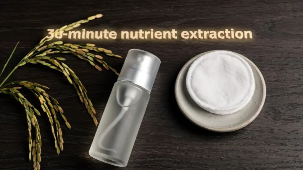 cosmetic spray mist bottle filled with homemade rice water on a dark wood desk workspace.
