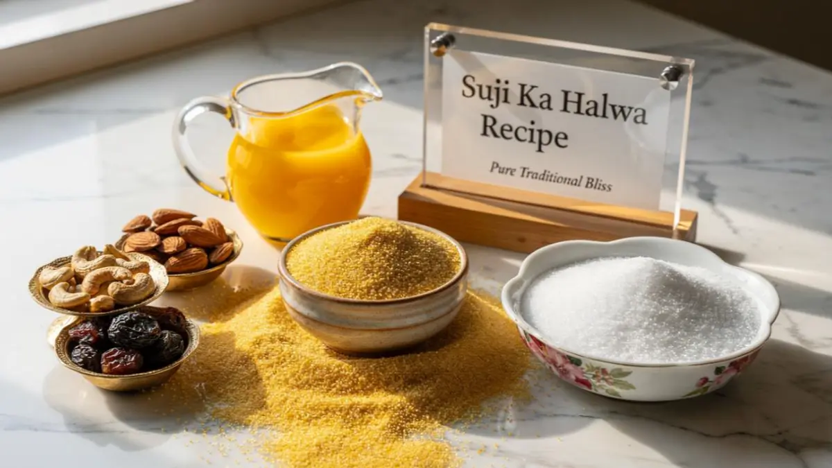 Raw suji, desi ghee, sugar, and assorted dry fruits arranged on a stylish desk representing traditional halwa ingredients.