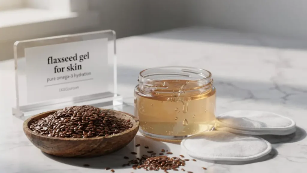 Raw flaxseeds and a jar of extracted gel arranged on a stylish desk representing natural skincare ingredients.
