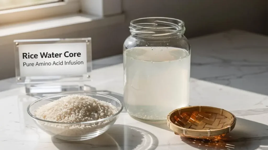 Raw rice grains and a jar of translucent rice water arranged on a stylish desk representing organic skincare ingredients.