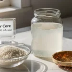 Raw rice grains and a jar of translucent rice water arranged on a stylish desk representing organic skincare ingredients.