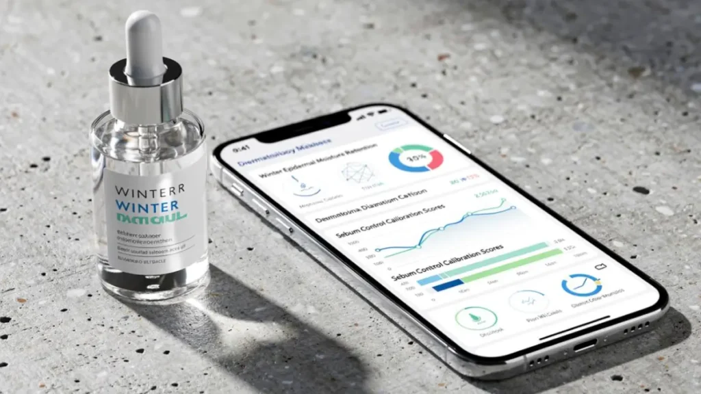 A skincare bottle on a desk next to a digital screen displaying facial skin tissue health tracking parameters under cold weather conditions.