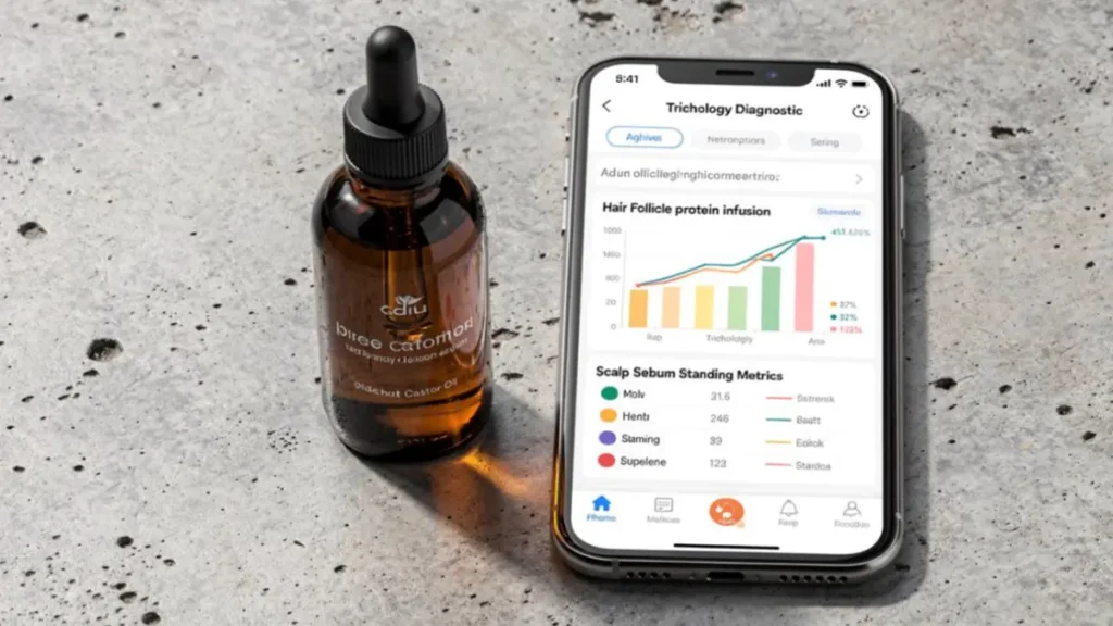 DIY Hair Mask: A bottle of castor oil on a desk next to a digital screen displaying hair tissue health tracking parameters.
