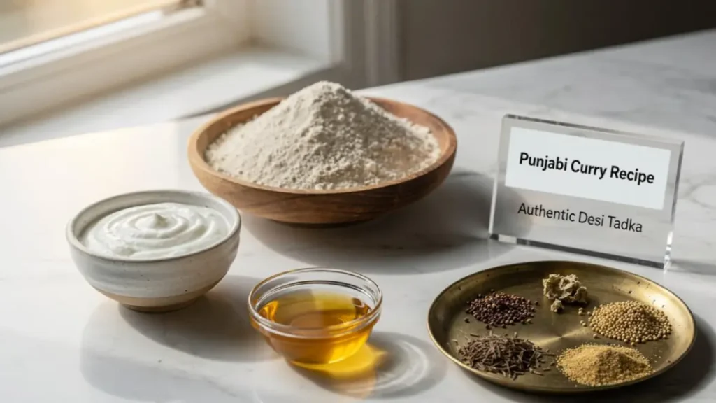 Thick yogurt, besan, ghee, and traditional tempering spices arranged on a stylish desk representing Punjabi curry ingredients.