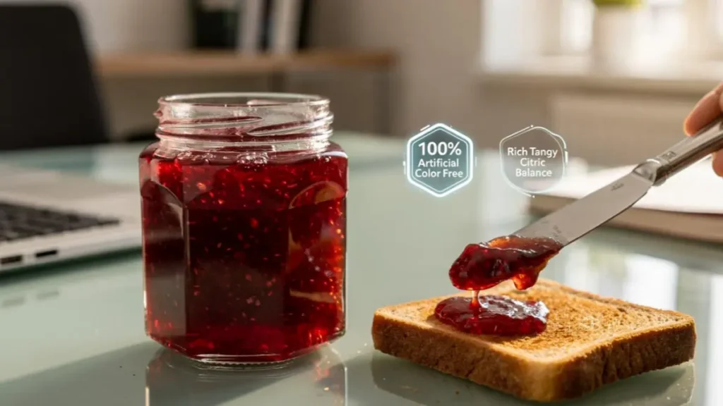 A premium serving layout of Homemade Fruit Jam Recipe jar with a spread toast on a modern stylish desk workspace.