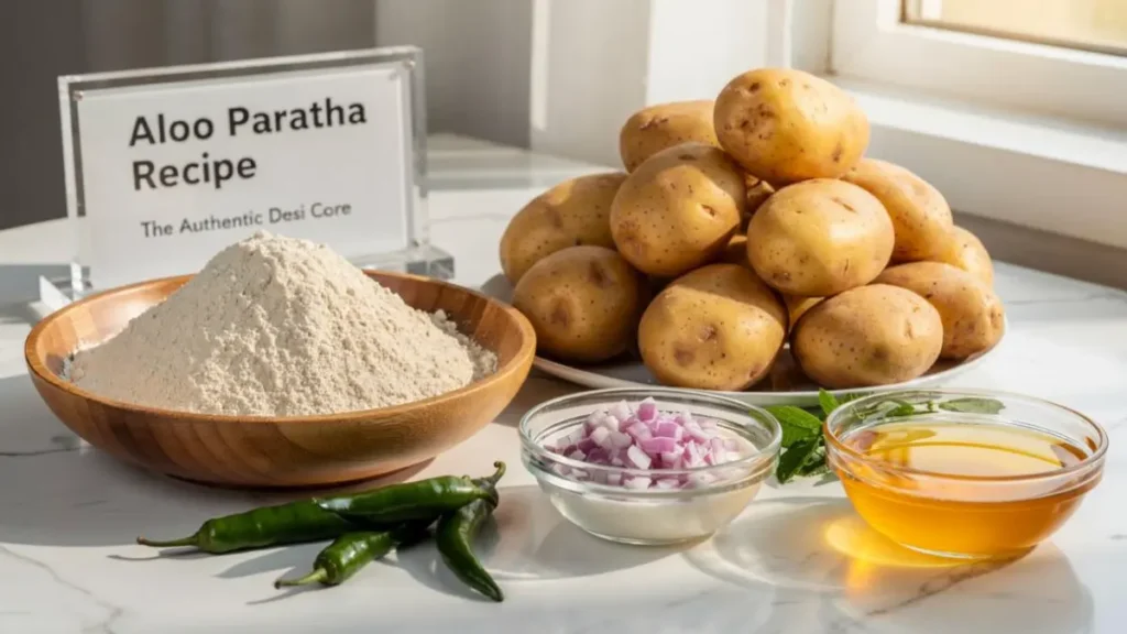 Whole wheat flour, boiled potatoes, chopped onions, and fresh ghee arranged on a stylish desk representing traditional aloo paratha ingredients.