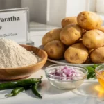 Whole wheat flour, boiled potatoes, chopped onions, and fresh ghee arranged on a stylish desk representing traditional aloo paratha ingredients.