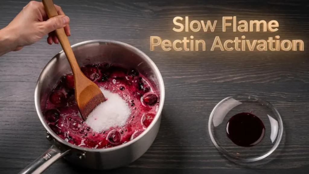 Simmering mixed fruit pulp and sugar mixture in a steel pan on a dark wood desk workspace.