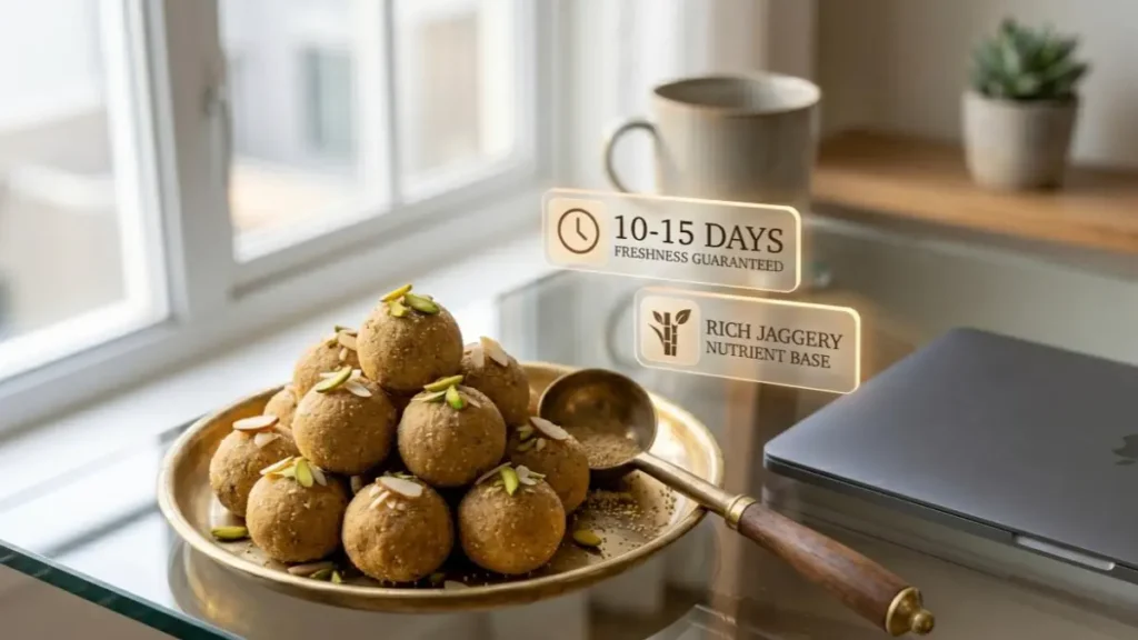 A premium festive serving layout of nutritious khus khus ladoo in a brass platter on a modern stylish desk workspace.