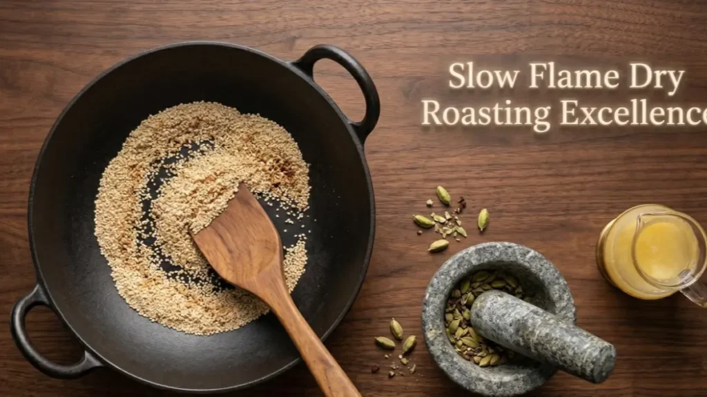 Roasting poppy seeds in a dry pan on a dark wood desk workspace.