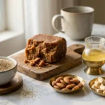 Raw khus khus, jaggery, desi ghee, and assorted dry fruits arranged on a stylish desk representing winter special ladoo ingredients.