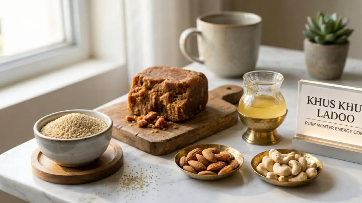 Raw khus khus, jaggery, desi ghee, and assorted dry fruits arranged on a stylish desk representing winter special ladoo ingredients.