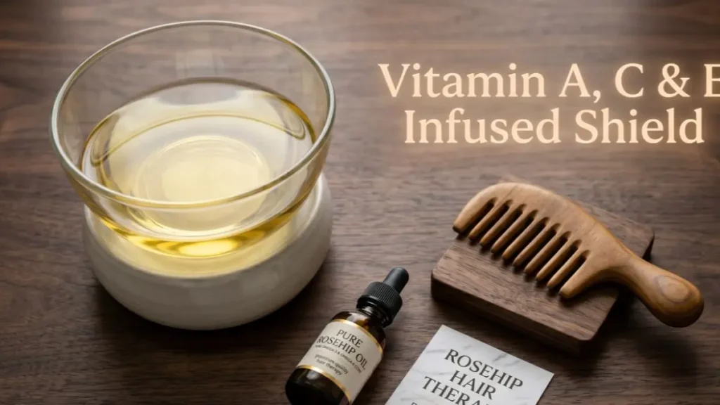 Warming premium rosehip oil in a glass bowl next to a wooden comb on a dark wood desk workspace.