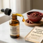 An amber dropper bottle of rosehip oil and dried rosehip seeds arranged on a stylish desk representing natural hair care ingredients.