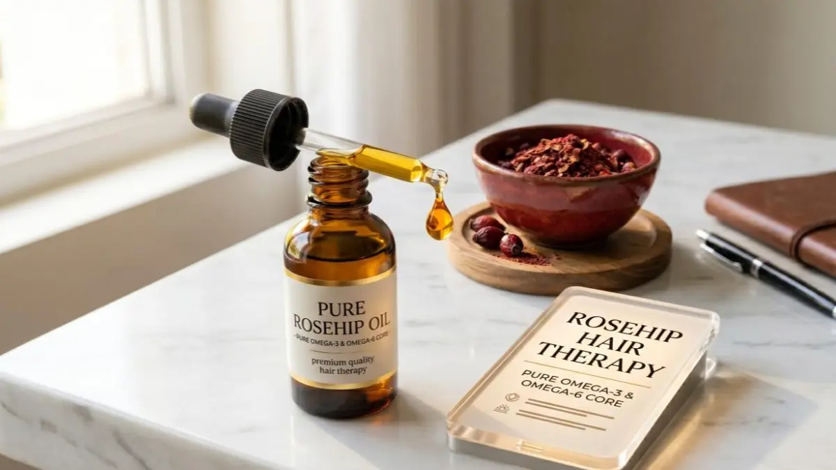 An amber dropper bottle of rosehip oil and dried rosehip seeds arranged on a stylish desk representing natural hair care ingredients.