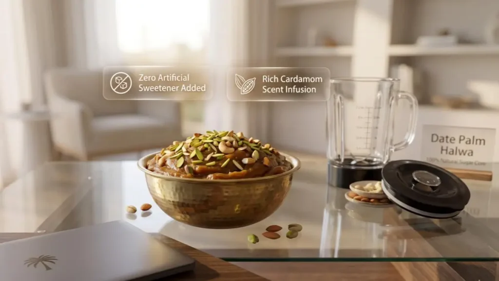 A premium serving layout of sugar-free date palm halwa in a brass bowl on a modern stylish desk workspace.