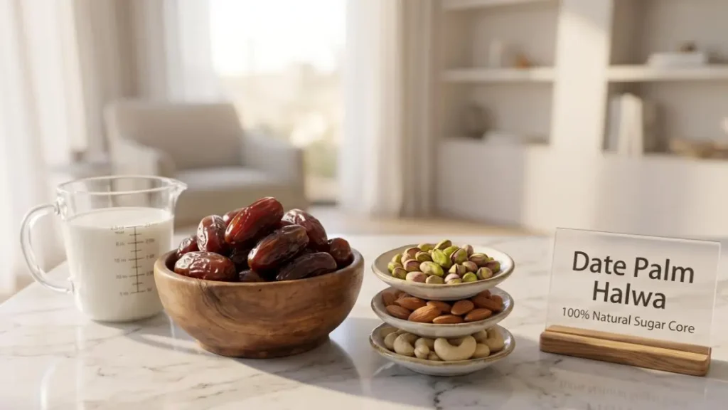 Seedless dates, a cup of milk, and assorted dry fruits arranged on a stylish desk representing homemade date palm halwa ingredients.