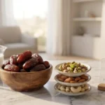 Seedless dates, a cup of milk, and assorted dry fruits arranged on a stylish desk representing homemade date palm halwa ingredients.