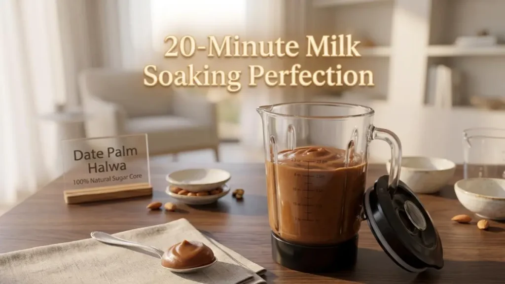 Blended dates and milk paste base in a glass jar on a dark wood desk workspace.