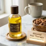 A glass bottle of almond oil and a bowl of whole almonds arranged on a stylish desk representing natural hair care ingredients.