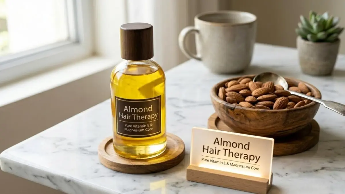A glass bottle of almond oil and a bowl of whole almonds arranged on a stylish desk representing natural hair care ingredients.