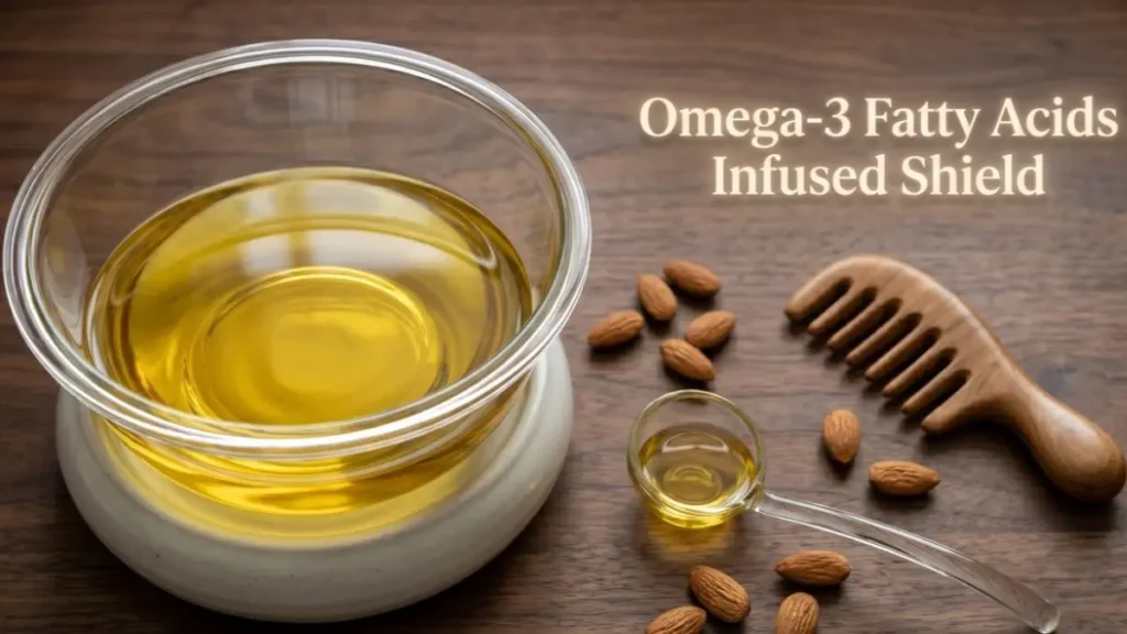 Warming premium almond oil in a glass bowl next to a wooden comb on a dark wood desk workspace.