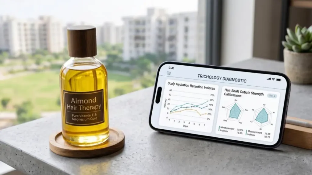 A bottle of Almond Oil For Hair on a desk next to a digital screen displaying scalp tissue hydration health tracking parameters.