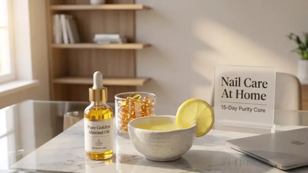 Almond oil, lemon juice, and vitamin E capsules arranged on a stylish desk representing organic nail care routine ingredients.