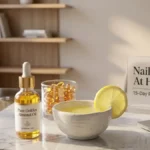 Almond oil, lemon juice, and vitamin E capsules arranged on a stylish desk representing organic nail care routine ingredients.