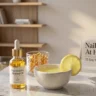 Almond oil, lemon juice, and vitamin E capsules arranged on a stylish desk representing organic nail care routine ingredients.