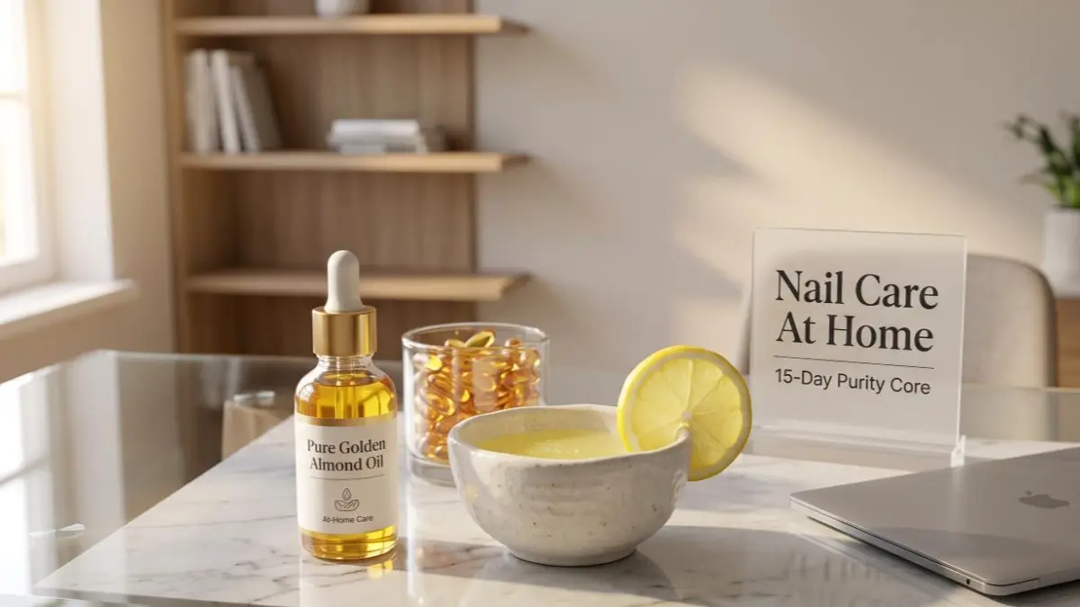 Almond oil, lemon juice, and vitamin E capsules arranged on a stylish desk representing organic nail care routine ingredients.