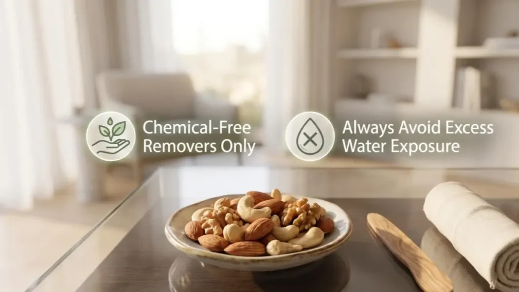 A bowl of mixed nuts and a grooming tool on a modern desk representing balanced nutrition and safety habits for healthy nails.