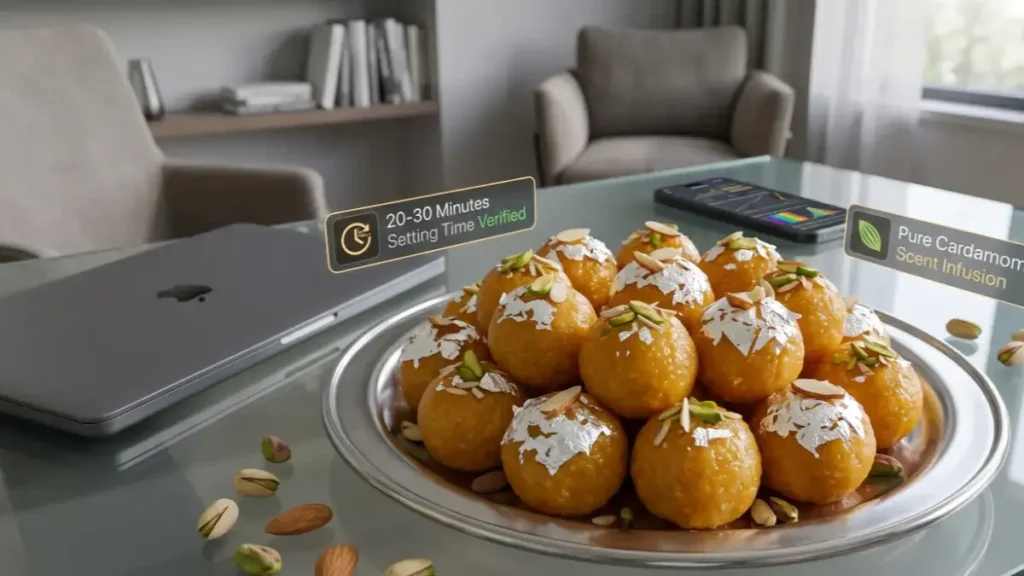 A premium festive layout of perfectly molded soft bundi ke ladoo on a silver plate placed on a modern stylish desk workspace.