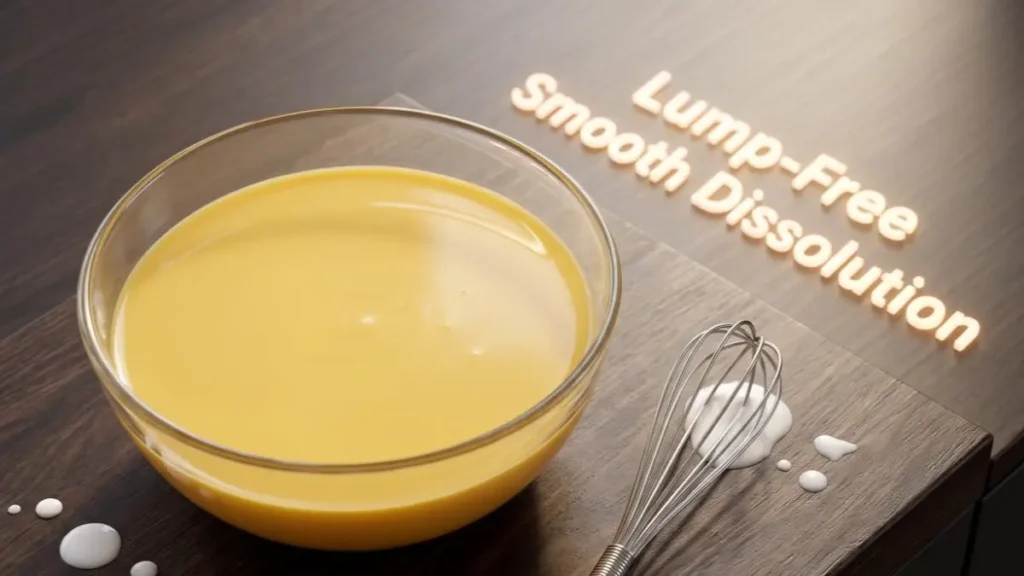 Mixing custard powder slurry in a glass bowl with a whisk on a dark wood desk workspace.