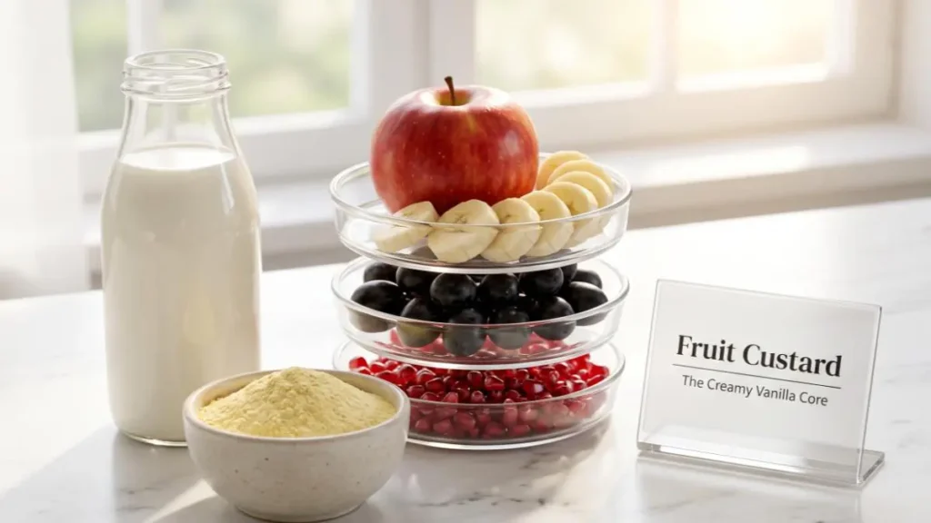 Fresh fruits, milk, and vanilla custard powder arranged on a stylish desk representing homemade fruit custard ingredients.