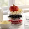 Fresh fruits, milk, and vanilla custard powder arranged on a stylish desk representing homemade fruit custard ingredients.