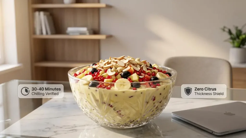 A premium serving layout of chilled creamy Fruit Custard Recipe in a crystal bowl on a modern stylish desk workspace.