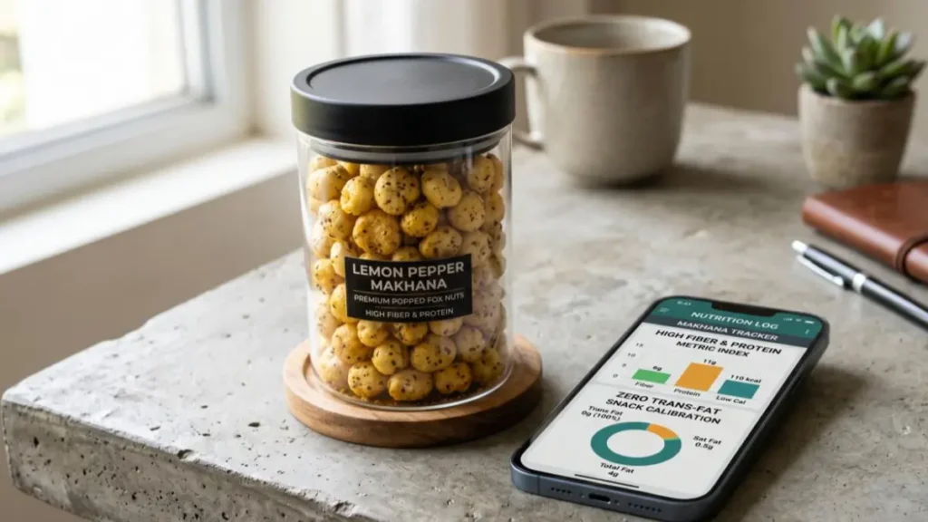 An air-tight jar of seasoned makhana on a desk next to a digital device showing nutritional data charts.