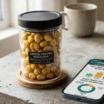 An air-tight jar of seasoned makhana on a desk next to a digital device showing nutritional data charts.