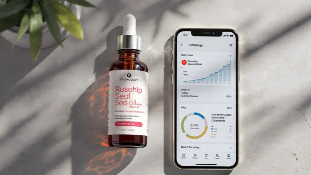 A bottle of hair oil on a desk next to a digital screen displaying scalp tissue hydration health tracking parameters.