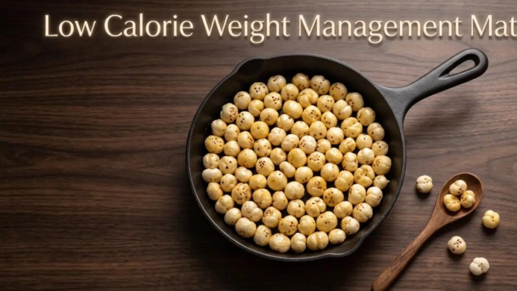 Lightly roasted crisp golden makhana pearls inside a skillet on a dark wood desk workspace.