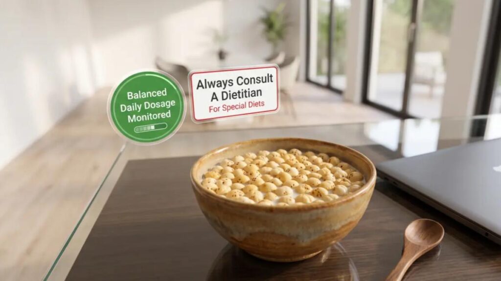 A warm milk and Makhana For Health on a modern desk representing balanced lifestyle inclusion and practitioner guidelines for fox nut diets.