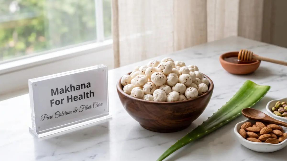 Raw white makhana or fox nuts in a wooden bowl arranged on a stylish desk representing healthy nutrition ingredients.